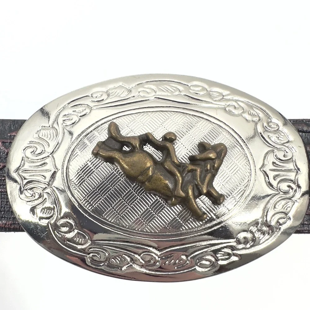 Nocona Western Belt Boys 24 Rodeo Tooled Leather Big Buckle Bull Rider Cowboy